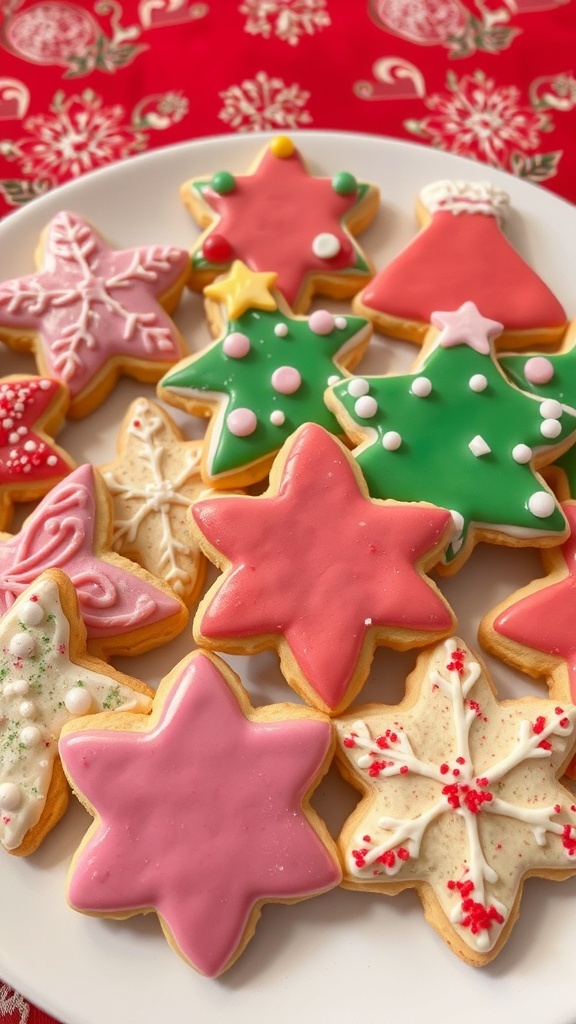 A variety of decorated Christmas cookies in festive shapes with colorful icing and sprinkles on a red tablecloth.